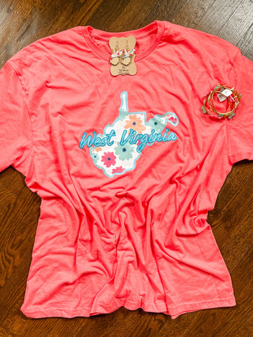 Coral + Blue Floral T-Shirt