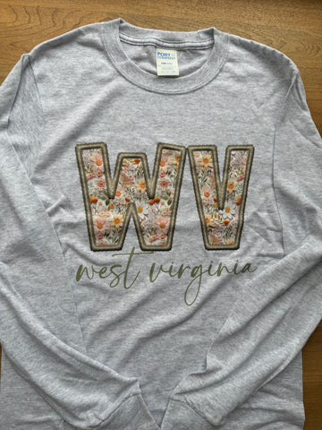 Floral Faux Embroidered WV Long Sleeve T-Shirt